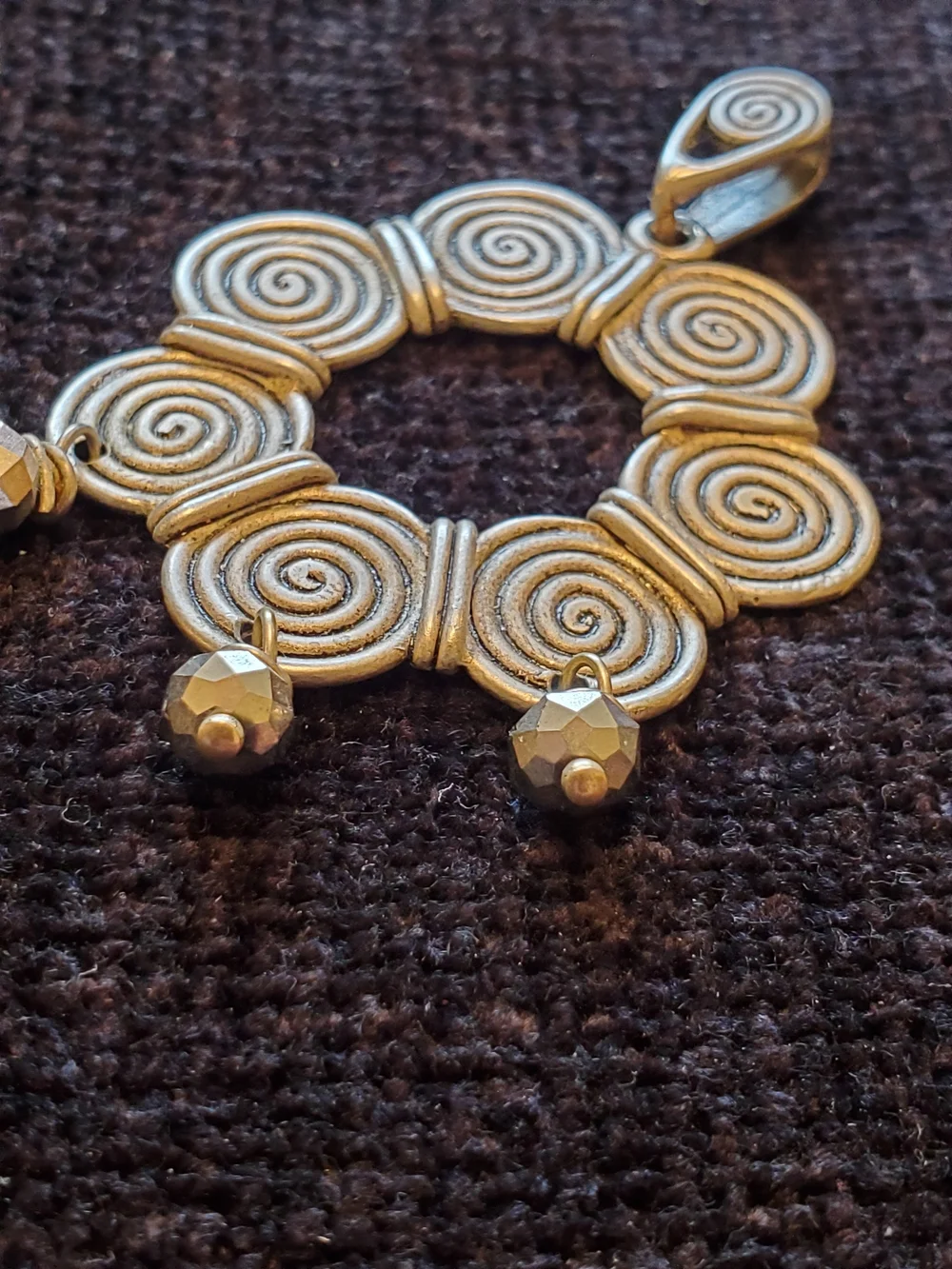 Spiral Circle Silver Pewter Pendant with Dangle Beads